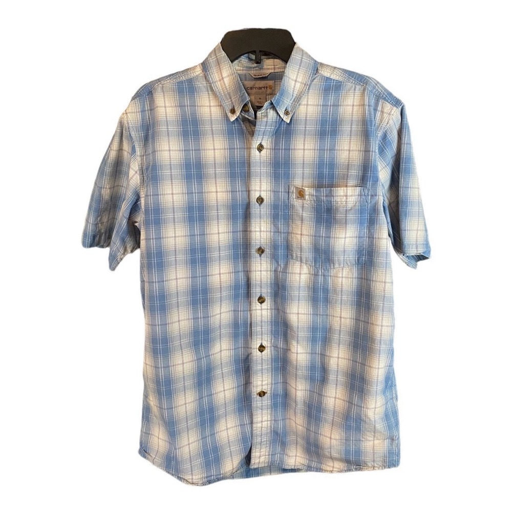 Carhartt SS Plaid Shirt Button Up Blue Window Pane Size L Relaxed Fit Cotton